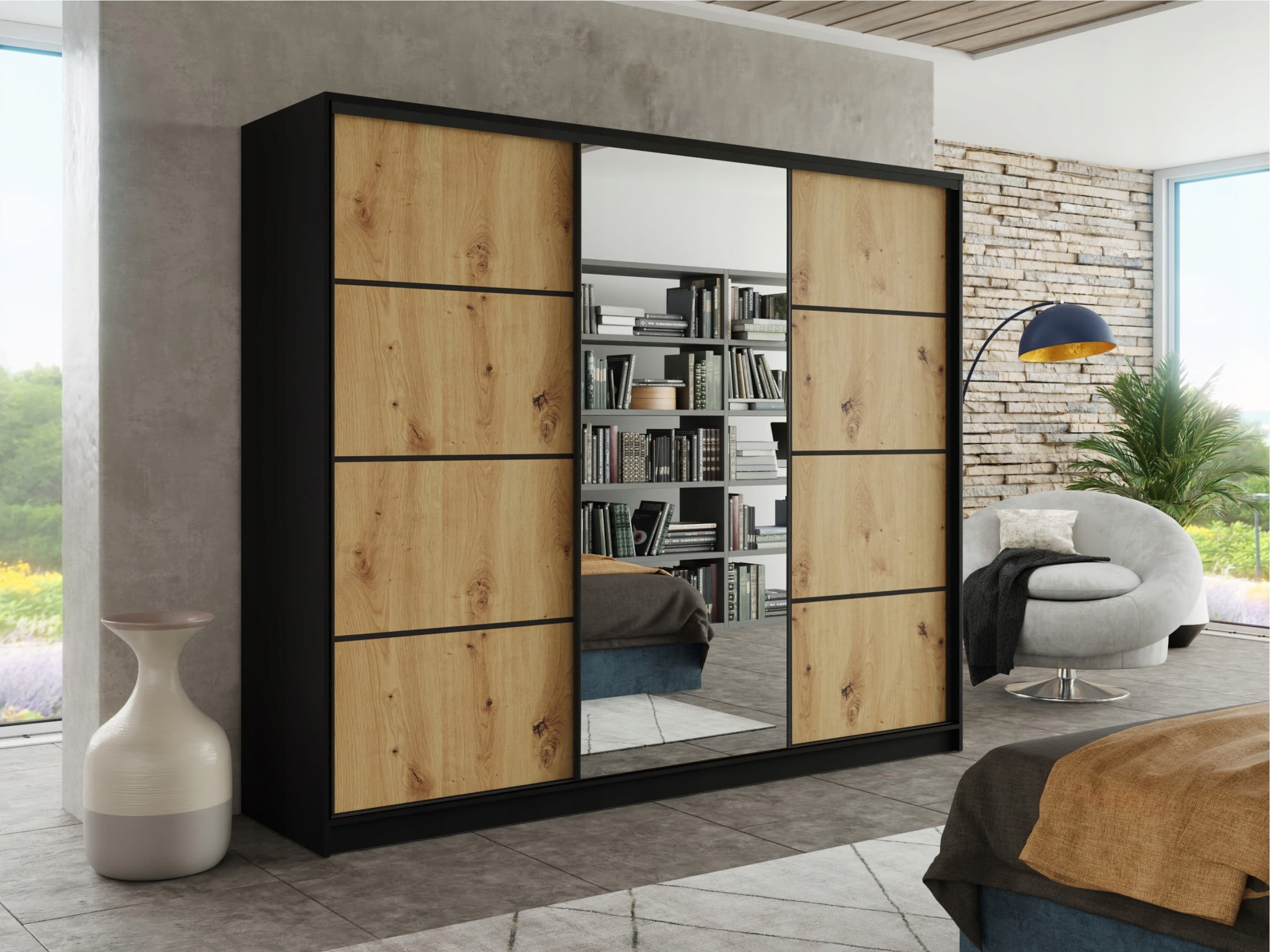 SZAFA PRZESUWNA LUSTRO 270x230x56cm ARTISAN CZARNY SZUFLADY PAOLA 4