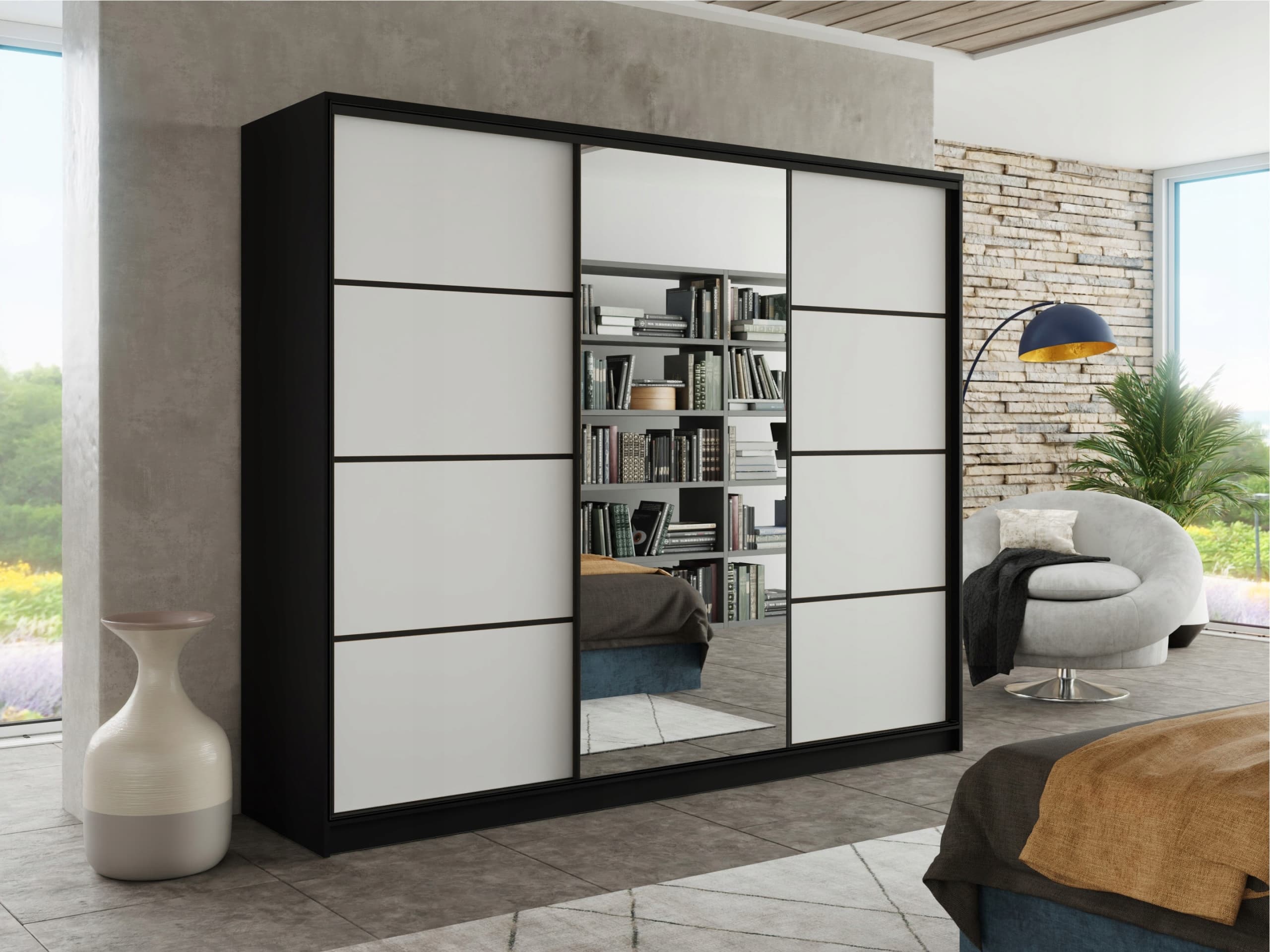 Szafa przesuwna lustro szuflady 270x205x56 BIAŁA CZARNA PAOLA 2 MIX