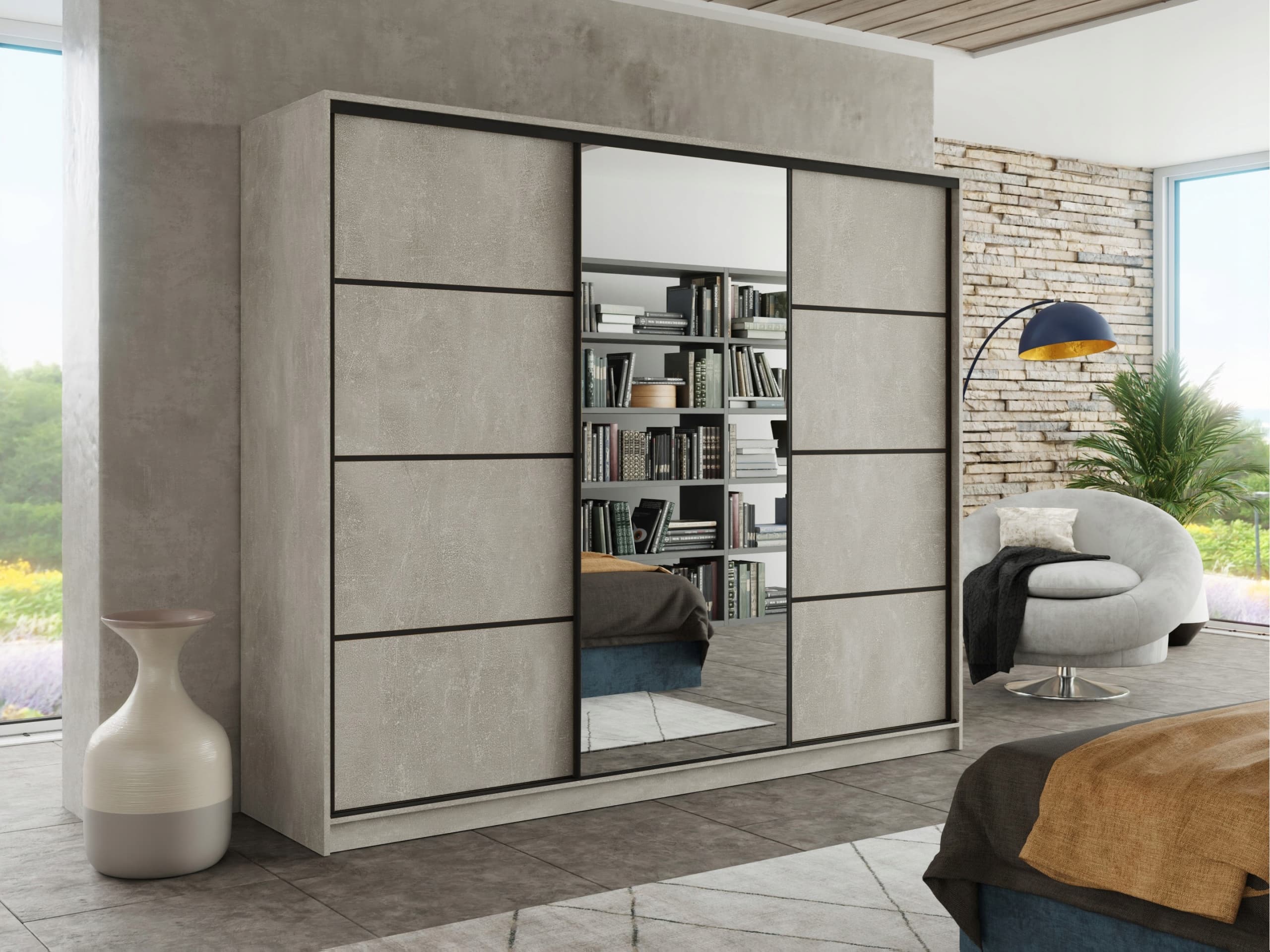 SZAFA PRZESUWNA LUSTRO 260x250x60cm BETON SZUFLADY PAOLA 9
