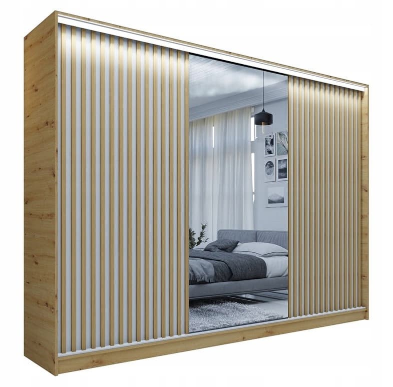 Szafa przesuwna 3 frontowa lustro PAOLA 3 LAMELE ARTISAN BIAŁA 270x205x56